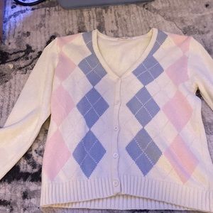 Blue white and pink plaid sweater